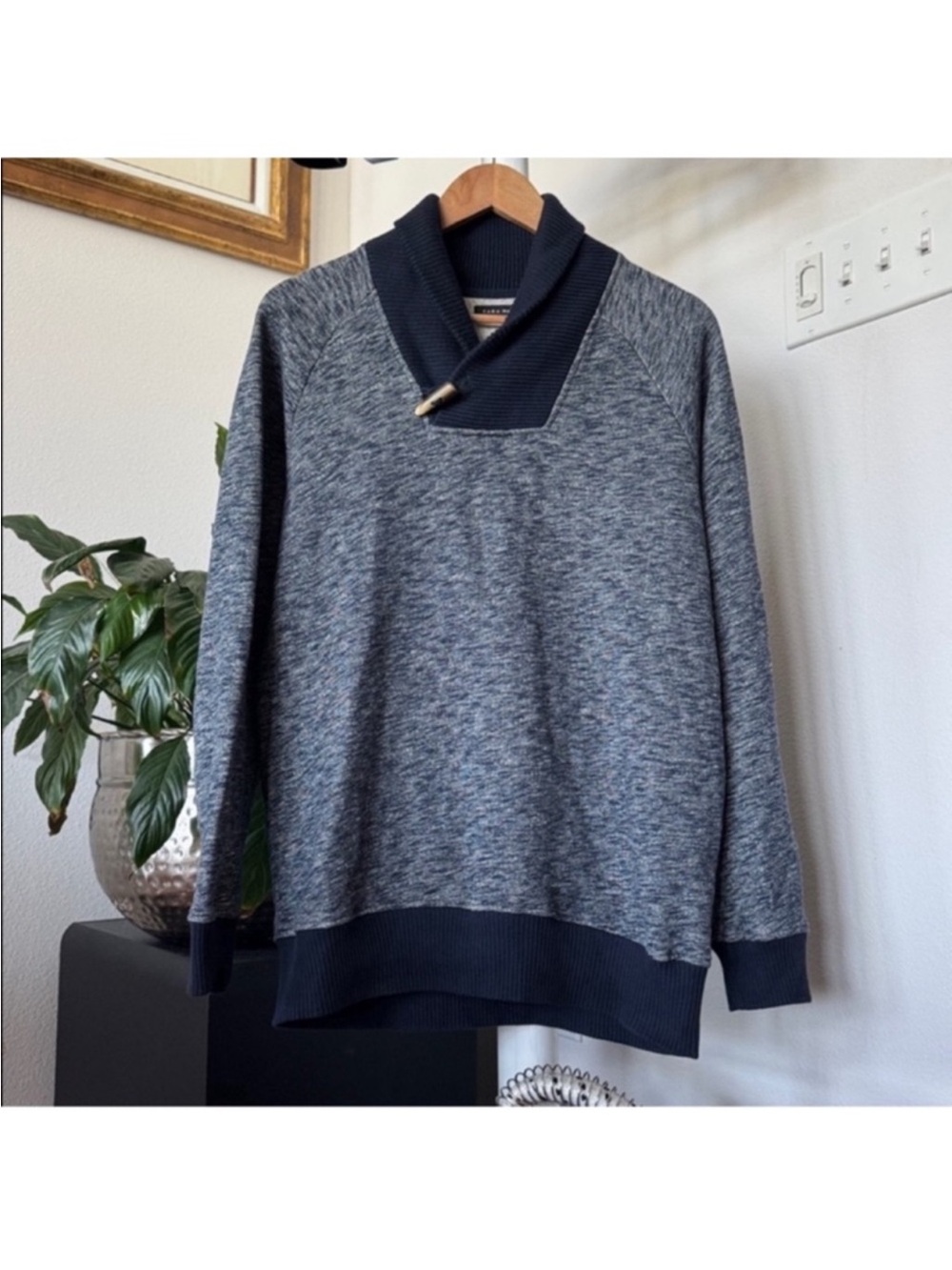 Zara Man Blue Cotton Ribbed Knit Shawl Collar Pullover Sweater Sweatshirt Size L